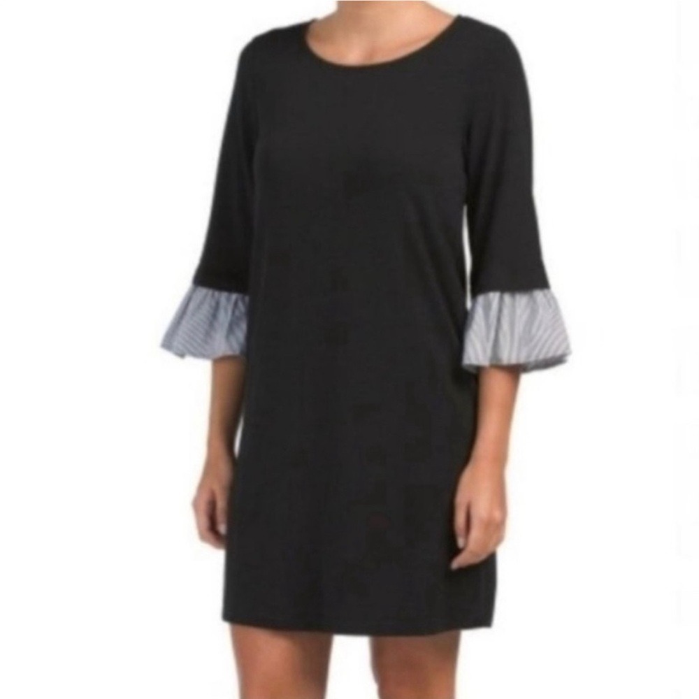 Pleione Anthropologie Black Bell Sleeve Shift Mini Dress M Ruffle‎ Cuff Workwear